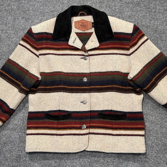 VTG Woolrich Southwestern Striped Wool Blanket Coat Jacket USA Made Women Medium - Picture 1 of 12
